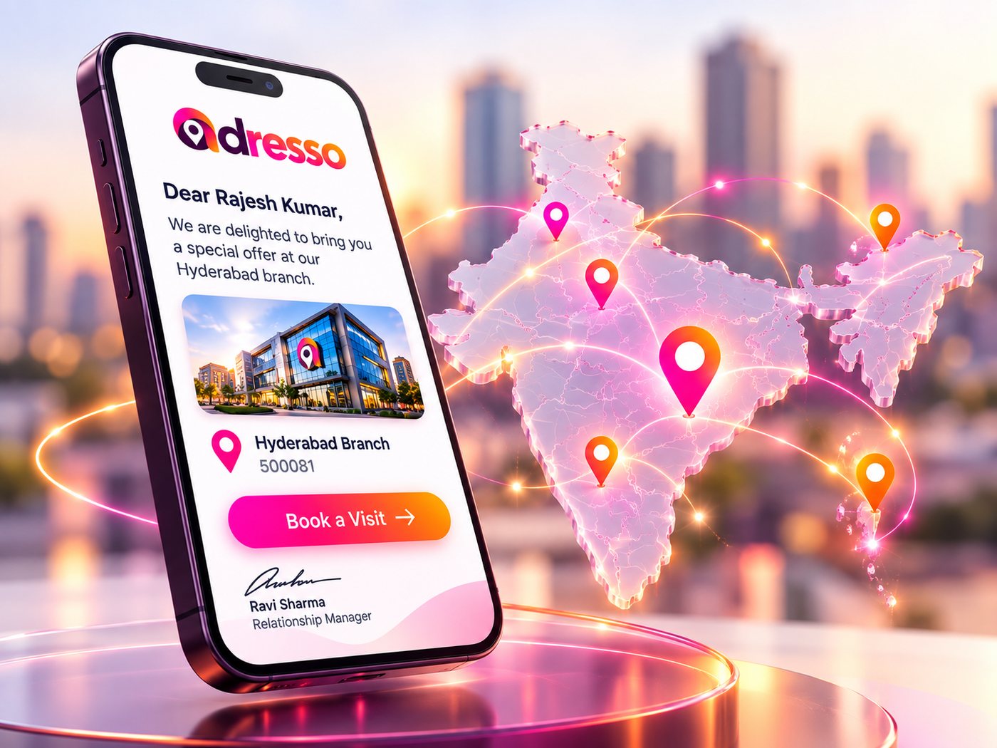 A personalised Adresso letter on a phone with pincode pins across India